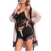 OYOANGLE Women's 3 Piece Lace Bra and Panty Sets Sexy Lingerie Set with Satin Robe Kimono Pjs Nightgown Sleepwear