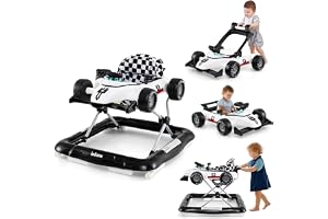 INFANS 4 in 1 Baby Walker, Foldable Toddler Activity Center with Adjustable Height, Padded Seat, Music, Light, Removable Tray