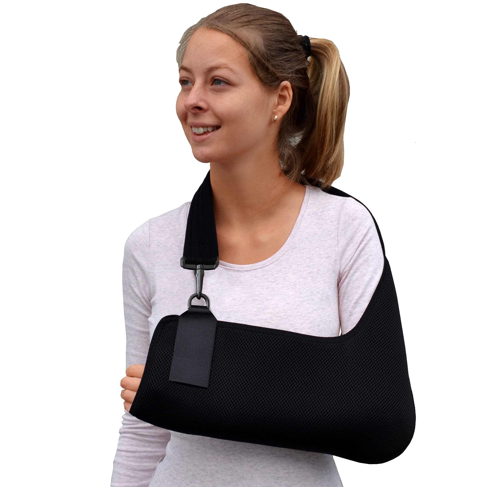 Arm Sling Adult (M, black/black trim) Feel Safe, Easy to Fit, Cooling Fabric Technology, Fits R or L.