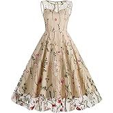 Women Keyhole Floral Embroidery Dress Sheer Mesh Illusion Vintage Cocktail Swing Dress Wedding Party Prom Tulle Evening Dress