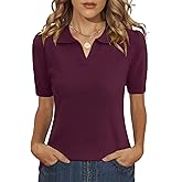 LOMON Womens Puff Short Sleeve Polo Sweater V Neck Knitted Tops Casual Ribbed Shirt Pullover Blouse