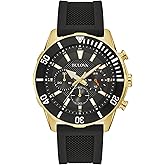 Bulova Men's Sport 6-Hand Chronograph Quartz Watch with Black Silicone Strap, 24 Hour Time, Calendar Date, Luminous Hands and Markers, 100M Water Resistant, 44mm
