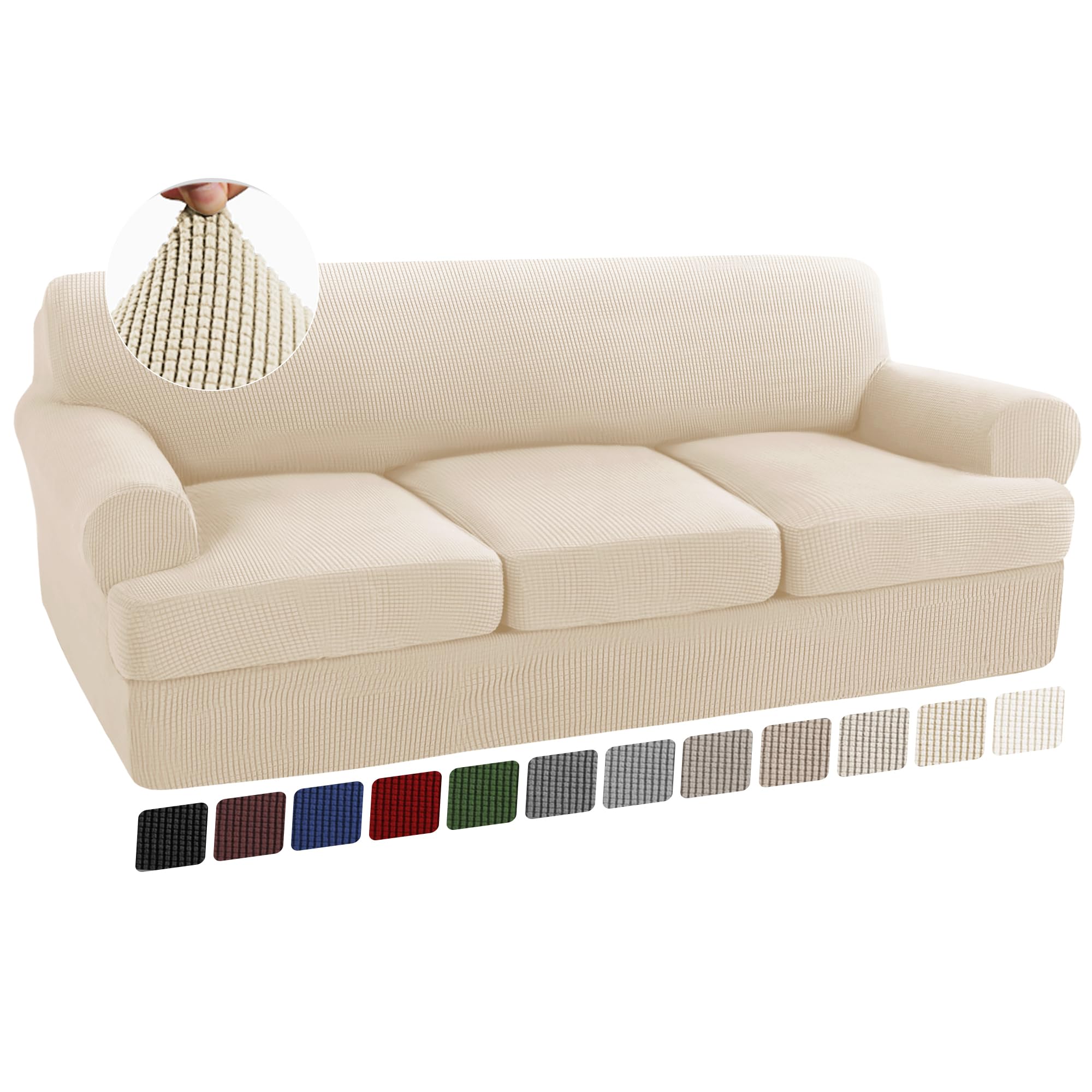 Photo 1 of Turquoize 4 Piece T Cushion Sofa Slipcovers Stretch Couch Cover Furniture Covers with 3 Individual T Cushion Covers, Washable (3 Cushion Sofa, Biscotti Beige)