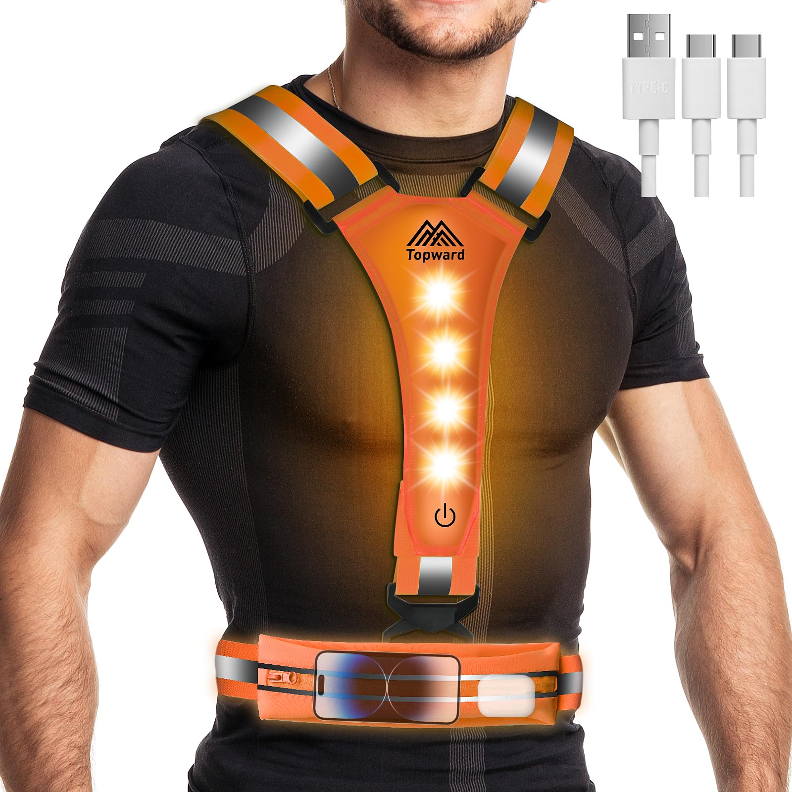 Topward LED Reflective Vest - Running Phone Holder Vest for Runners, USB-C Rechargeable, Lights for Night Dog Walking Cycling, High Visibility Safety Gear with Adjustable Waist/Shoulder