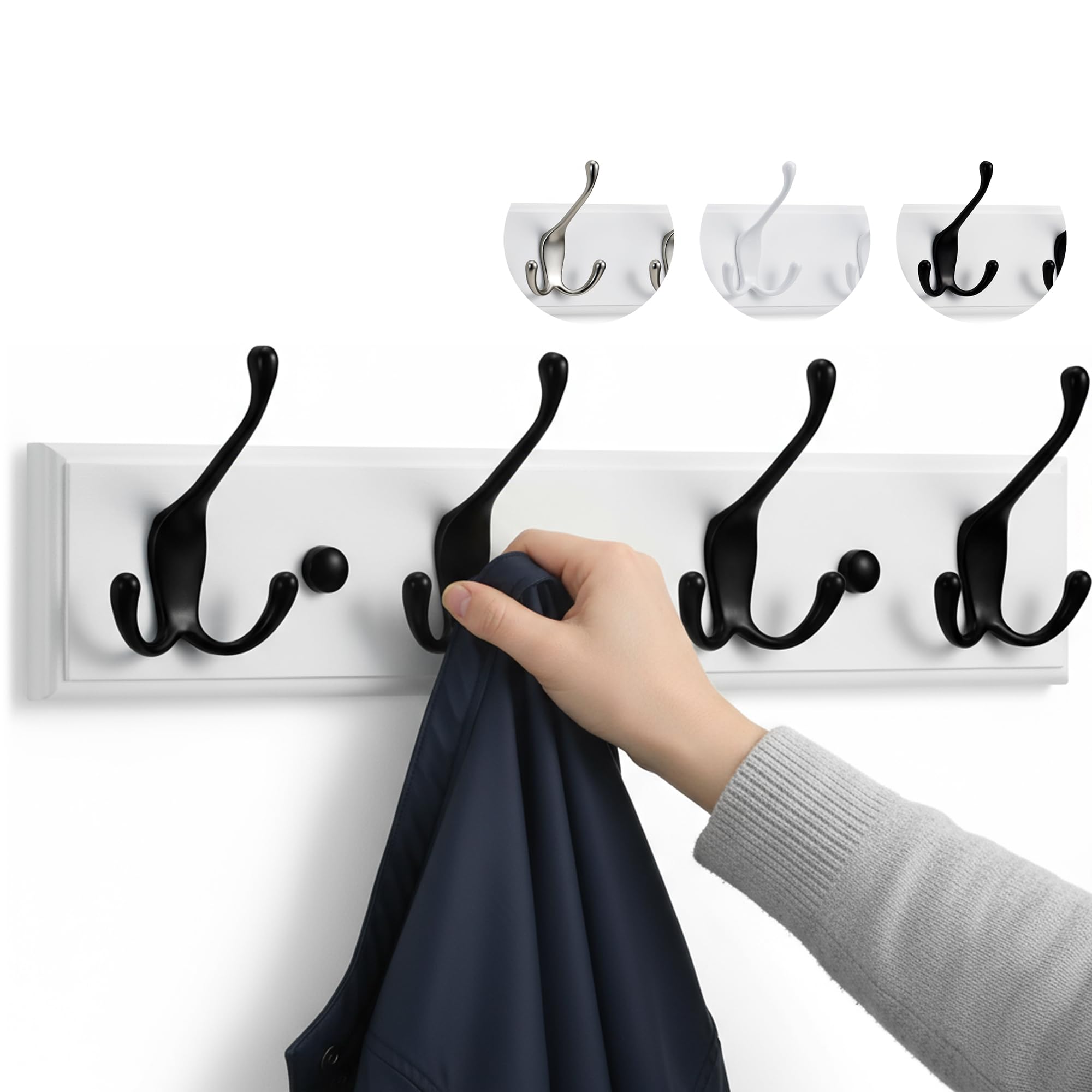 LARHN Coat Hooks - Wall Mounted Coat Rack - 4 Triple Black & White Coat Hooks for Wall - 42 cm - All Fixings Included for Quick & Easy Installation