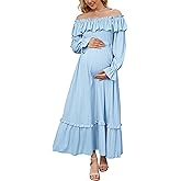 OUGES Women's Cotton Blend Off Shoulder Maternity Dress for Photoshoot Puff Sleeve Ruffle Baby Shower Maxi Dresses