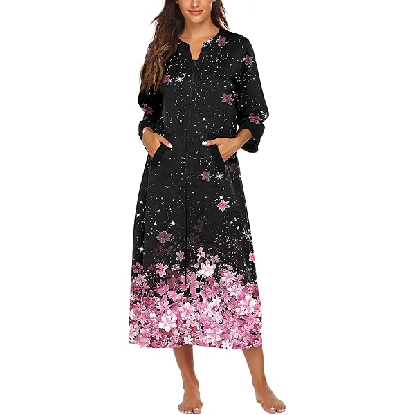 Women's Long House Dress Zipper Loungewear 3/4 Sleeve Zip Up Robes Full  Length Sleepwear Nightgown with Pockets Coffee at Amazon Women's Clothing  store