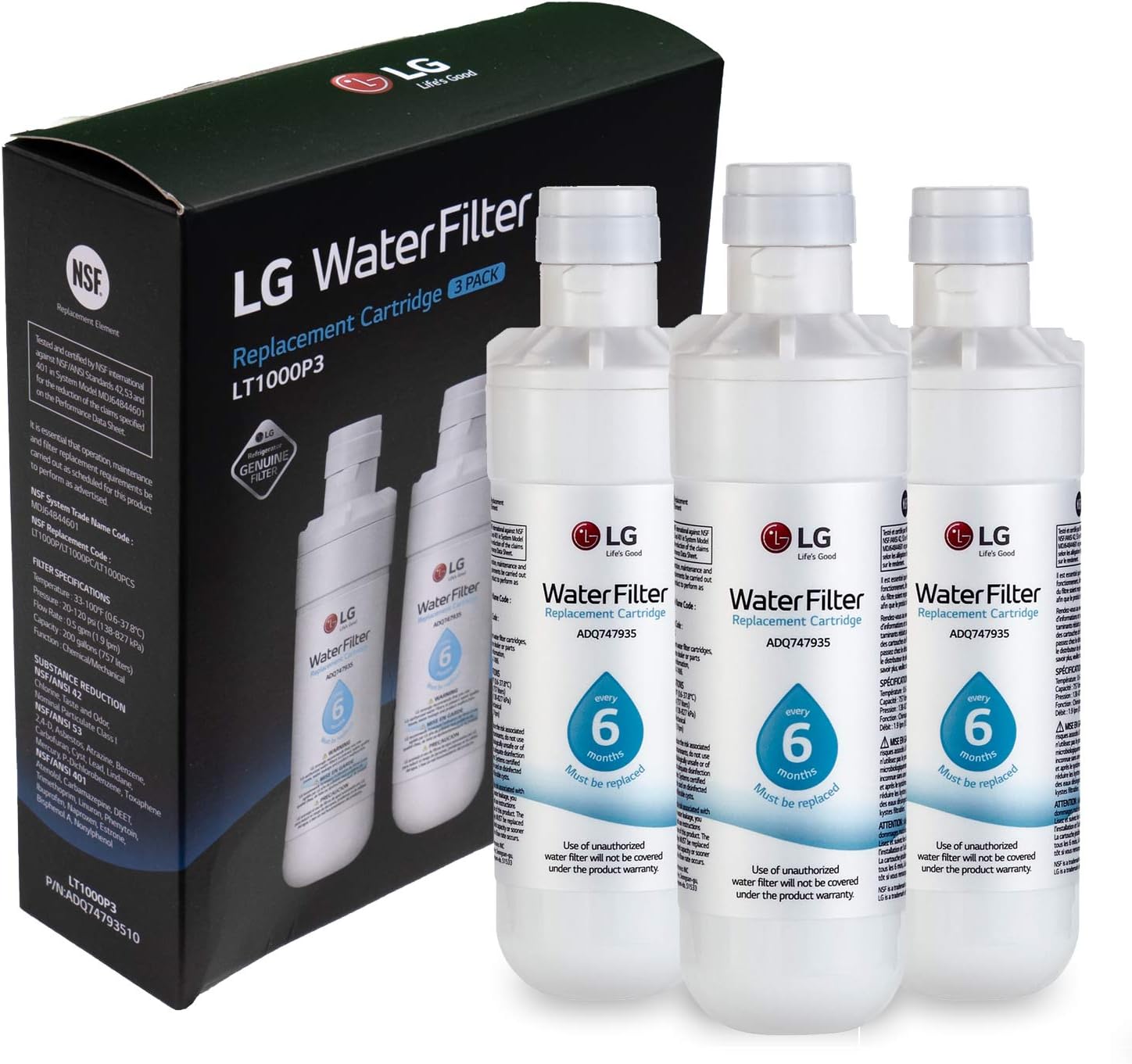 LG LT1000P3 6-Month / 200 Gallon Refrigerator Replacement Water Filter, 3, White: Home Improvement