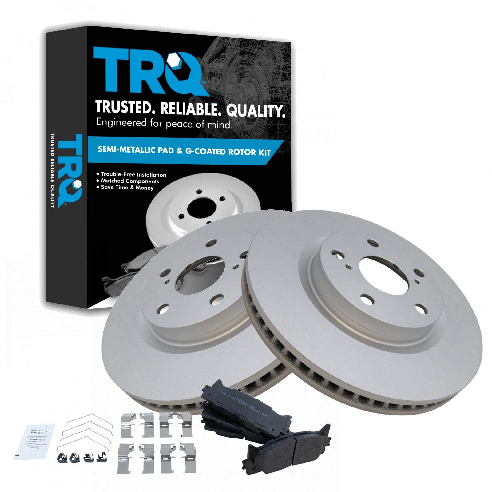 TRQ Front Brake Pad and Rotor Set Semi Metallic G Coated Vented Rotors Compatible with 2013-2018 Lexus ES300h 2007-2018 ES350 2008-2018 Toyota Avalon 2007-2017 Camry Image