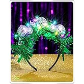 Uranian Light Up Disco Ball Headbands Mirror Balls Hair Bands LED Green Tinsel Hair Hoop Festival 70s Party Costume Hair Accessories for Women