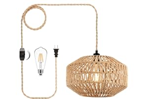 QIYIZM Plug In Pendant Light Hanging Lights With Plug In Cord Rattan Hanging Lamp Wicker Woven Basket Lampshade,Farmhouse Industrial Dimmable Boho Plug In Ceiling Light Fixture For Living Room Kitchen Island