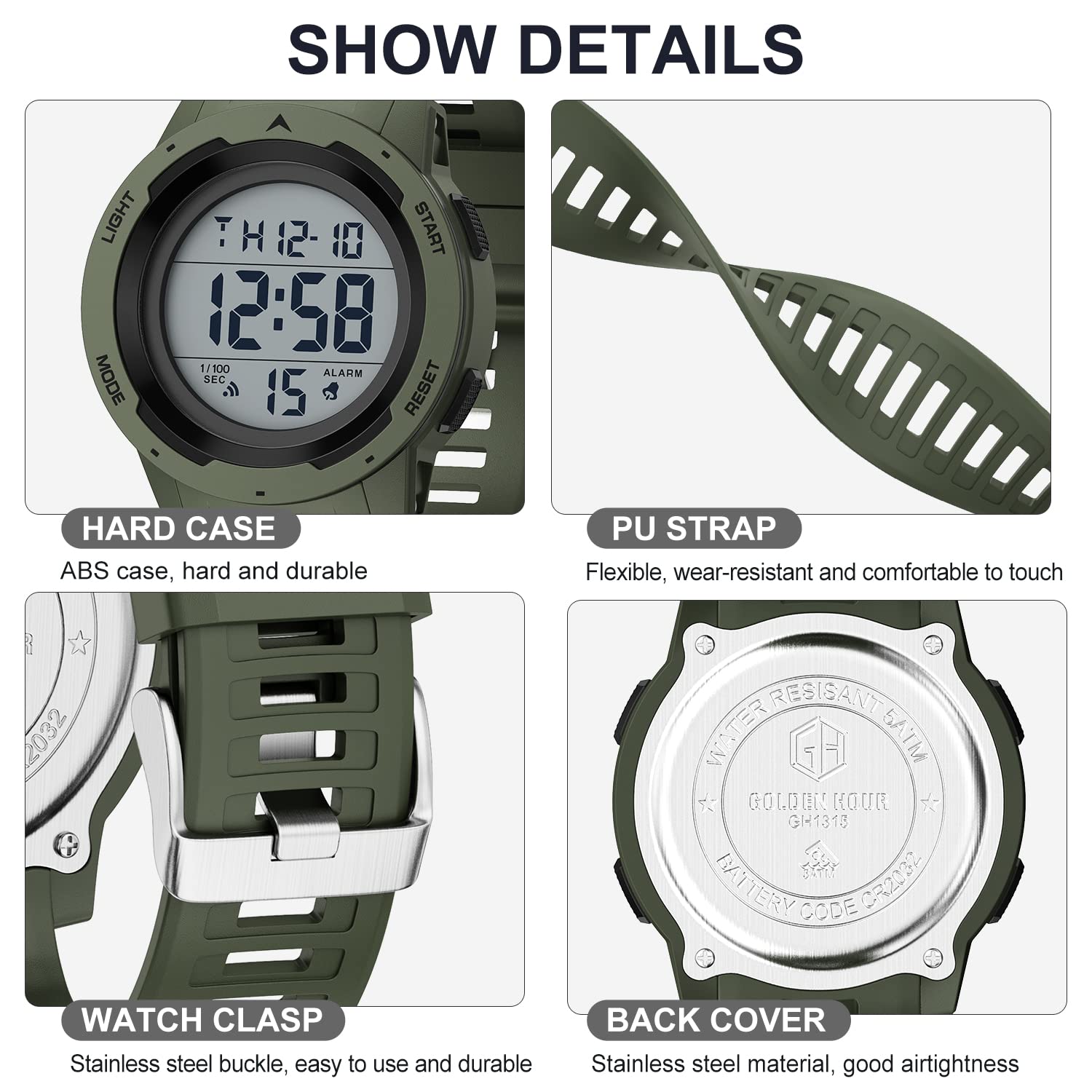 GOLDEN HOUR Mens Waterproof Digital Sport Watches Wide Screen Easy Read Display Military Style with Rubber Strap