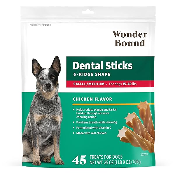 WONDER BOUND CHICKEN FLAVOR DENTAL STICKS FOR SMALL/MEDIUM DOGS (15-40 LBS), 6-RIDGE SHAPE FOR PLAQUE & TARTAR CONTROL, FRESHENS BREATH, MADE WITH REAL CHICKEN, 45 COUNT