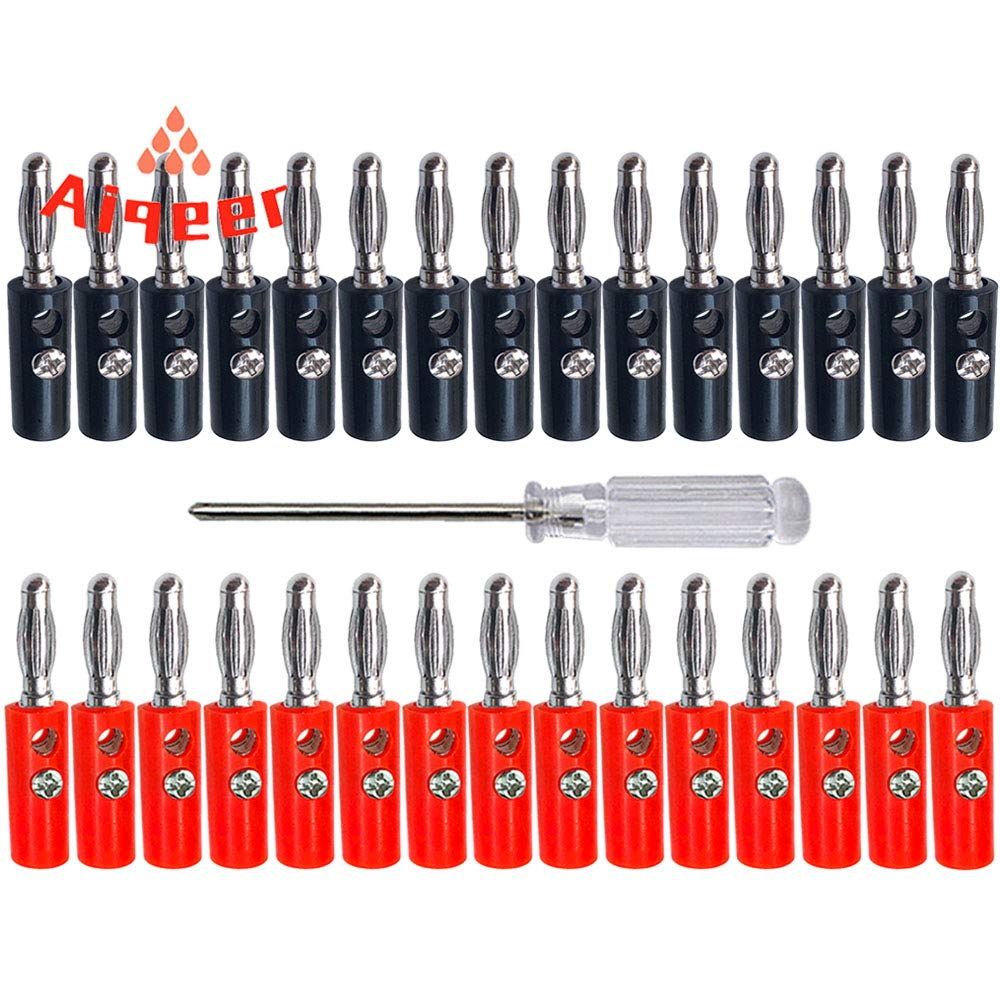 Aiqeer 30 Pcs 4 mm Banana Plug, Nickel Plated Banana Plug Connector, Solderless Banana Connector Adapter, for Speaker, Audio/Video Receiver (Red, Black)