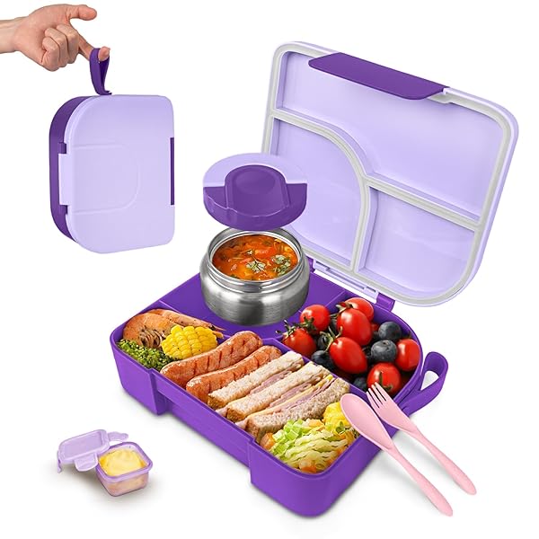 TINYPALSA BENTO BOX FOR KIDS WITH 10OZ INSULATED FOOD JAR, LEAK-PROOF KIDS LUNCH BOX WITH THERMAL FOOD CONTAINER, 3 COMPARTMENTS, PORTABLE HANDLE, DISHWASHER SAFE, IDEAL FOR SCHOOL & TRAVEL (PURPLE)