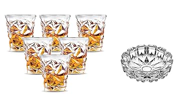 King International Whisky Glasses| Wine Glasses| Home & Bar Tableware| Set of 6 Glasses With Glass Ash Tray Set Of 1 Piece | Whiskey, Beverage, Beer Glasses |