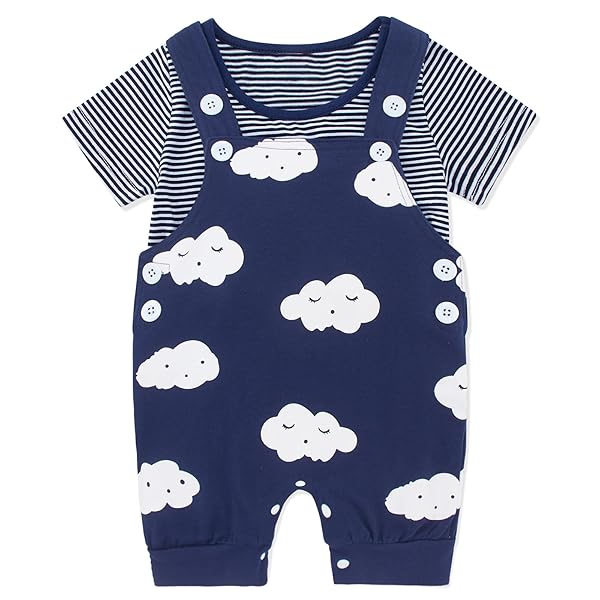 KIMODA BABY BOY CLOTHES OUTFITS SET 12-18 MONTHS SUMMER COTTON BABY BOY FIRST BIRTHDAY OUTFITS 2PCS SET STRIPED T-SHIRT AND CLOUDS DUNGAREES, BLUE3