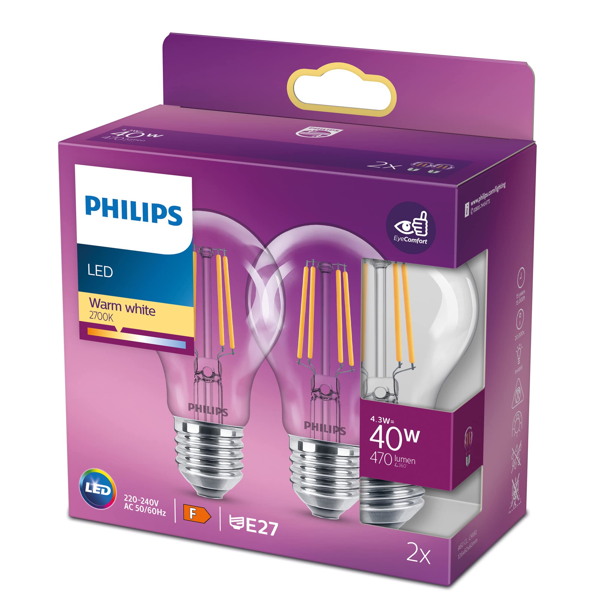 Philips LED Classic A60 Light Bulb 2 Pack [E27 Edison Screw] 4.3 - 40W Equivalent, Warm White (2700K), Non Dimmable