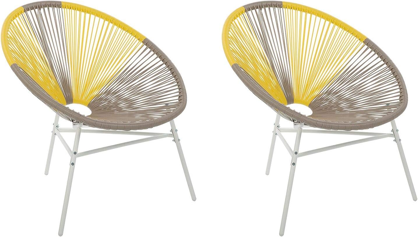 Beliani Set of 2 Modern Chairs Round Taupe Yellow Rattan Steel Living Room Acapulco