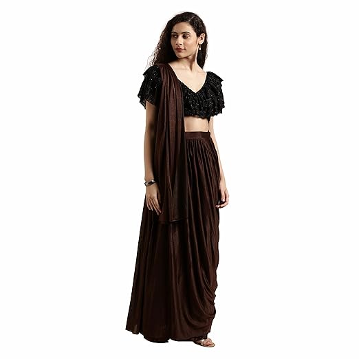 Womanista Crepe with Blouse Piece Saree (TKIM9860_Coffee Brown_Free Size)