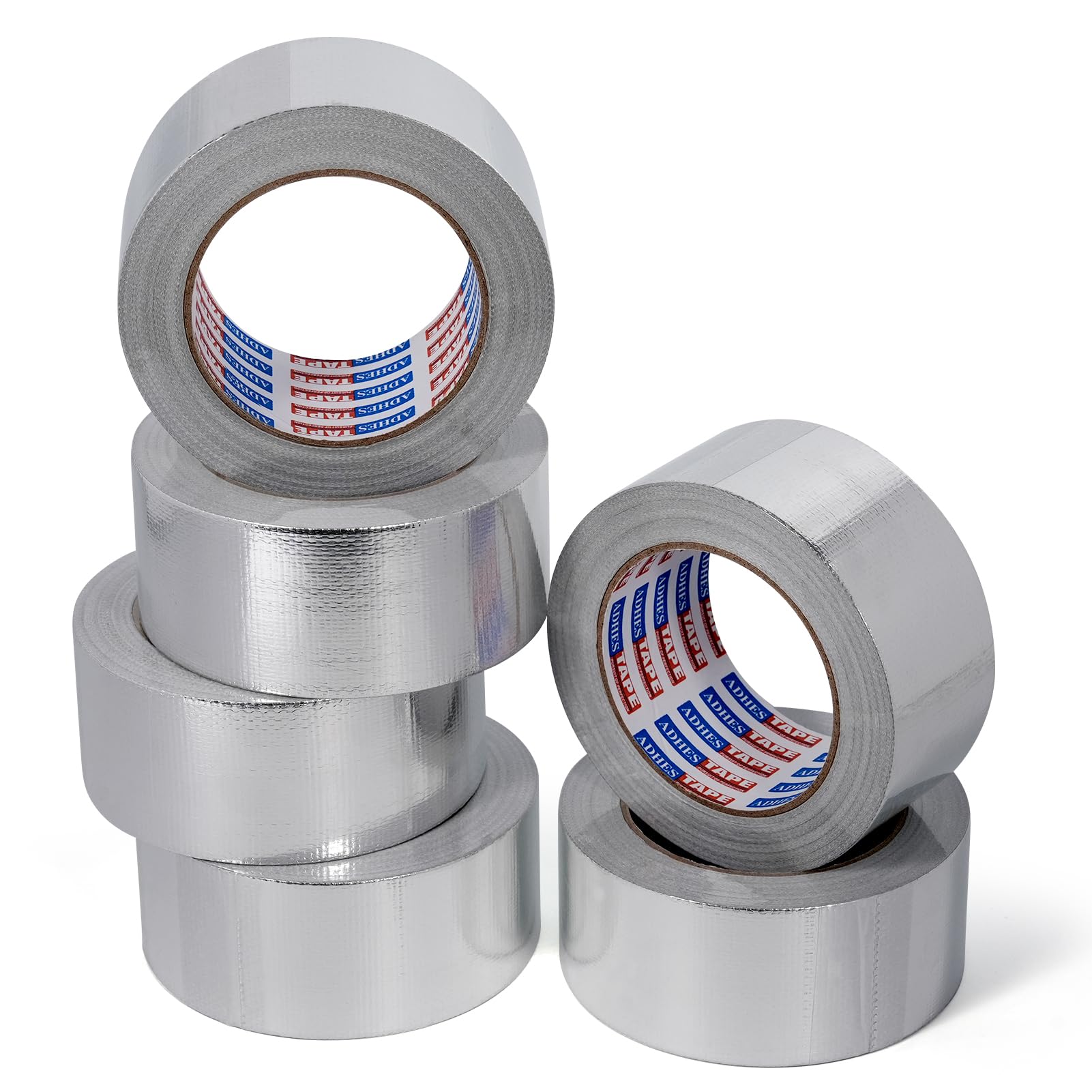 ADHES Professional Glass Fiber Aluminum Foil Tape, 50MM x 25M, 6Rolls Heat Proof Tape Withstand 80°C to 100°C,Reinforced Foil Duct Tape for HVAC, Metal Repair Sealing and Insulation
