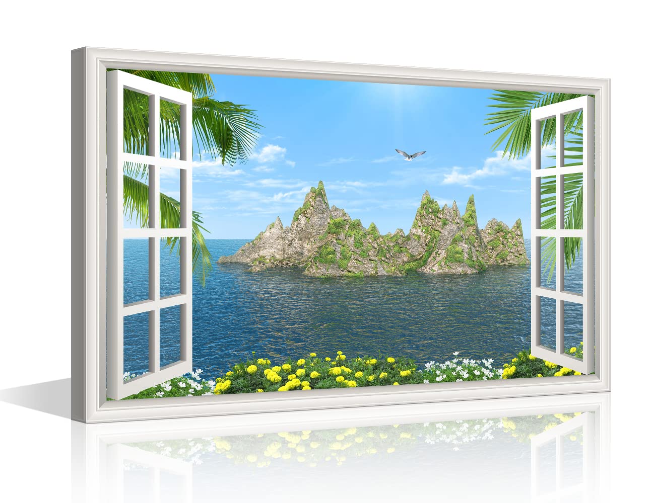 TISHIRON Canvas Wall Art 3D Window View of Ocean and Mountainous Island Canvas Artwork Ready to Hang Kitchen for Living Room Bathroom Office Home Decorations 18x12inch — image 1