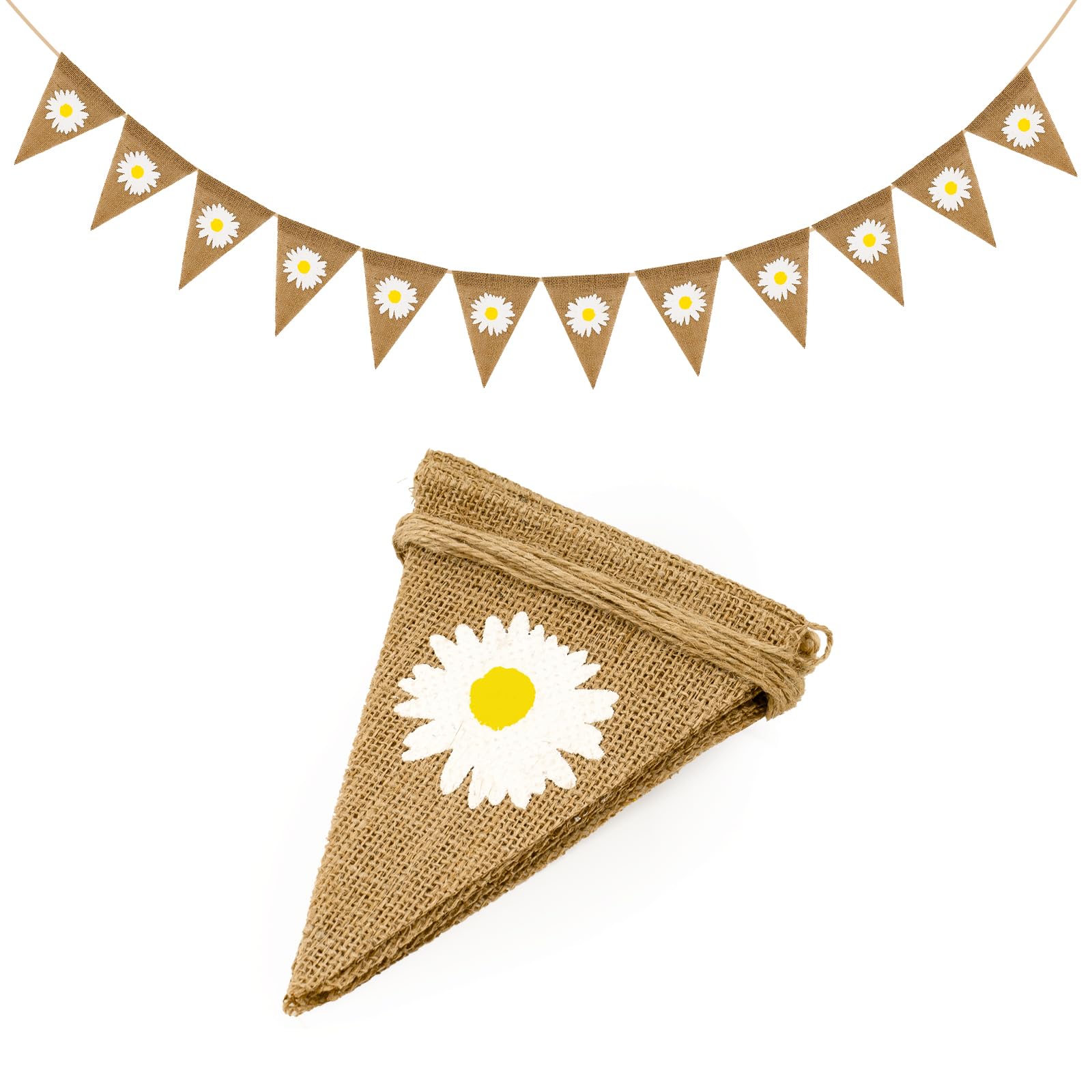 G2PLUS 12PCS Daisy Burlap Bunting Banner, Daisy Jute Burlap Banner, Reusable Daisy Hessian Banner Bunting, Daisy Flower Triangle Bunting for Wedding Brithday Baby Shower Decoration
