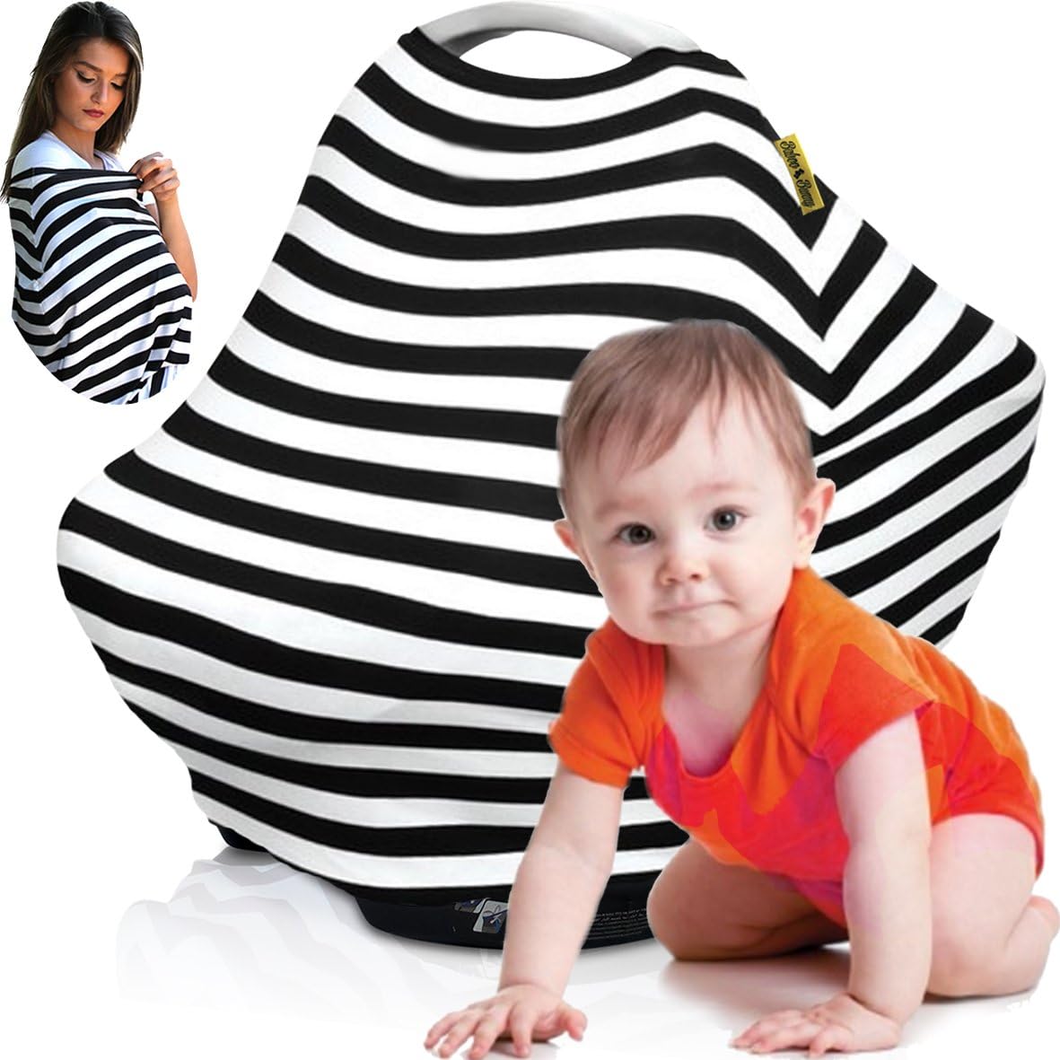 Nursing Cover Breastfeeding Scarf, Baby Car Seat Canopy, Shopping Cart, Stroller, Carseat Stretchy Covers Unisex Girls and Boys (Black/White Stripes)
