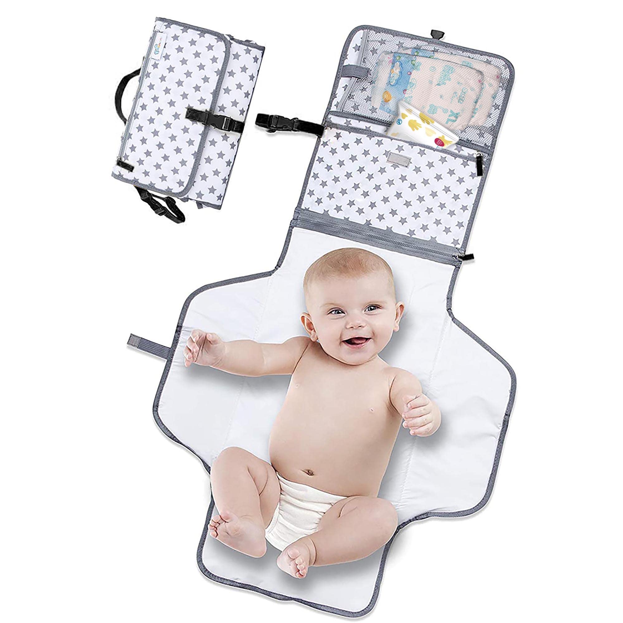 Menions Portable Nappy Changing Mat Travel Baby Change Mat with Wipe-Pocket and Head Cushion, Waterproof Nappy Change Pad, Travel Change Bag, Nappy Bag star Print, 0 Months Plus - Grey/Star