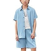 Arshiner Boy's Textured Button Up Shirt and Shorts Set 2 Piece Summer Beach Outfit for 5~12 Years Kids
