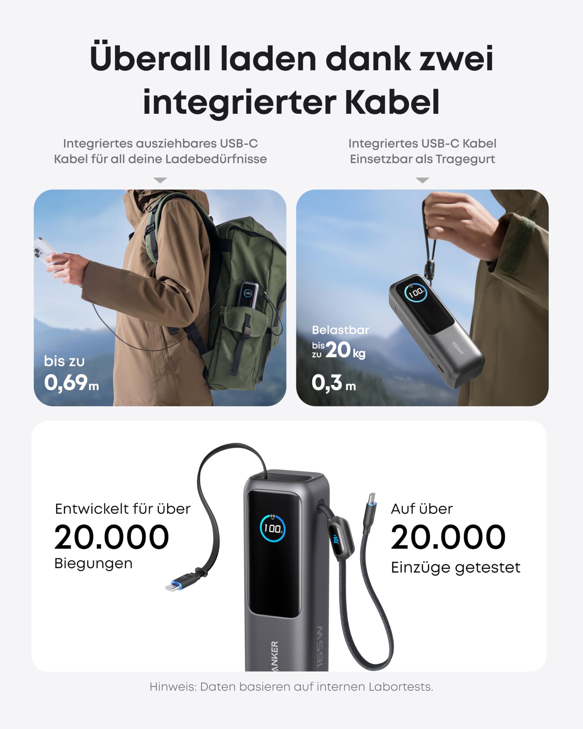 Anker Laptop Powerbank 165W 25000 mAh, Ladegerät mit 70cm ausziehbarem Kabel & Trageband, 3 USB-C Ports für Laden mehrerer Geräte, Für MacBook Pro, iPhone 17/16/15, Samsung und mehr (flugzeugtauglich) 3