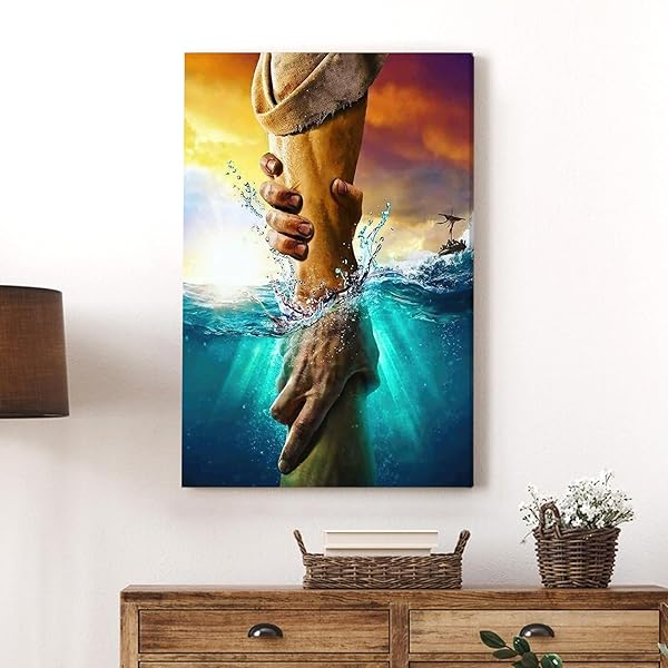 FRAMED JESUS CHRIST CANVAS WALL ART THE HAND OF GOD JESUS REACHING INTO WATER CHRISTIAN PAINTING PRINTS BIBLICAL WALL DECOR RELIGIOUS ROOM DECOR FOR CHURCH PRAYER ROOM SCHOOLS HOSPITALS 16″ X 24″