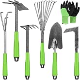 Garden Tool Set 7 Pack Include Trowel Weeder Rake Hoe Green Gloves | Ergonomic Non-Slip Handle, Garden Trowel, Hand Weeder, Hand Hoe, Small Rake, Heavy Duty Gardening Kit