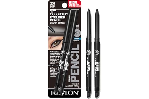 Revlon ColorStay Pencil Waterproof Eyeliner, Smudge-Proof, Eye Makeup With Built-In Sharpener, 201 Black, 2 pack