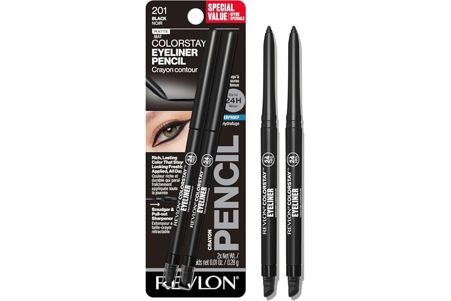Revlon ColorStay Pencil Waterproof Eyeliner, Smudge-Proof, Eye Makeup with Built-In Sharpener, Long-Lasting, Matte Finish, 201 Black, 2 pack