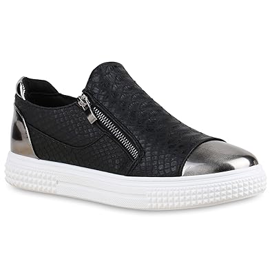 Stiefelparadies Damen Sneaker Low mit Plateau Metallic Zipper Flandell