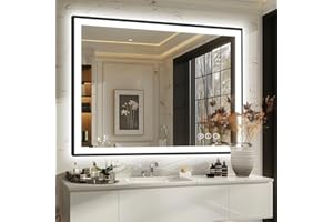 Megatex 48x40 LED Bathroom Mirror for Wall, Black (Metal, Aluminum) Framed, Front Light and Backlit, 3 Colors and Dimmable Vanity Mirror, Anti-Fog, Shatter-Proof, Memory (Horizontal/Vertical)