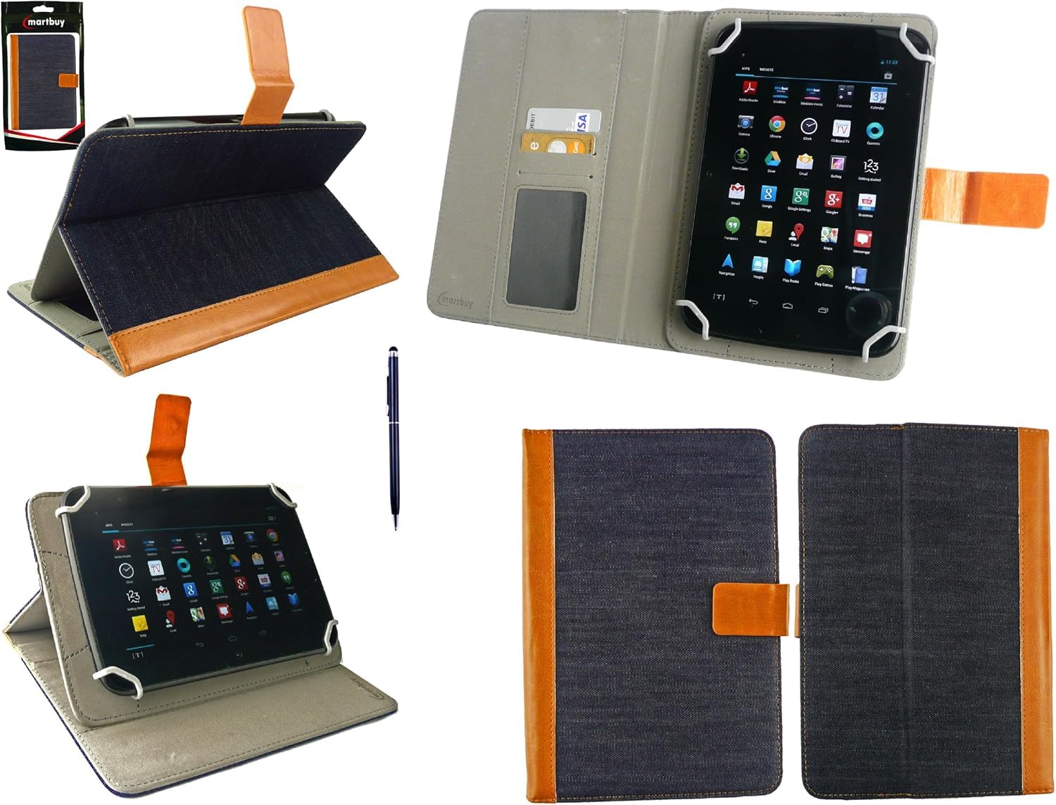 Emartbuy Universal 7-8.8 Inch Denim Multi Angle Folio Wallet Case Cover With Card Slots and Stylus Pen Compatible With Selected Devices Listed Below