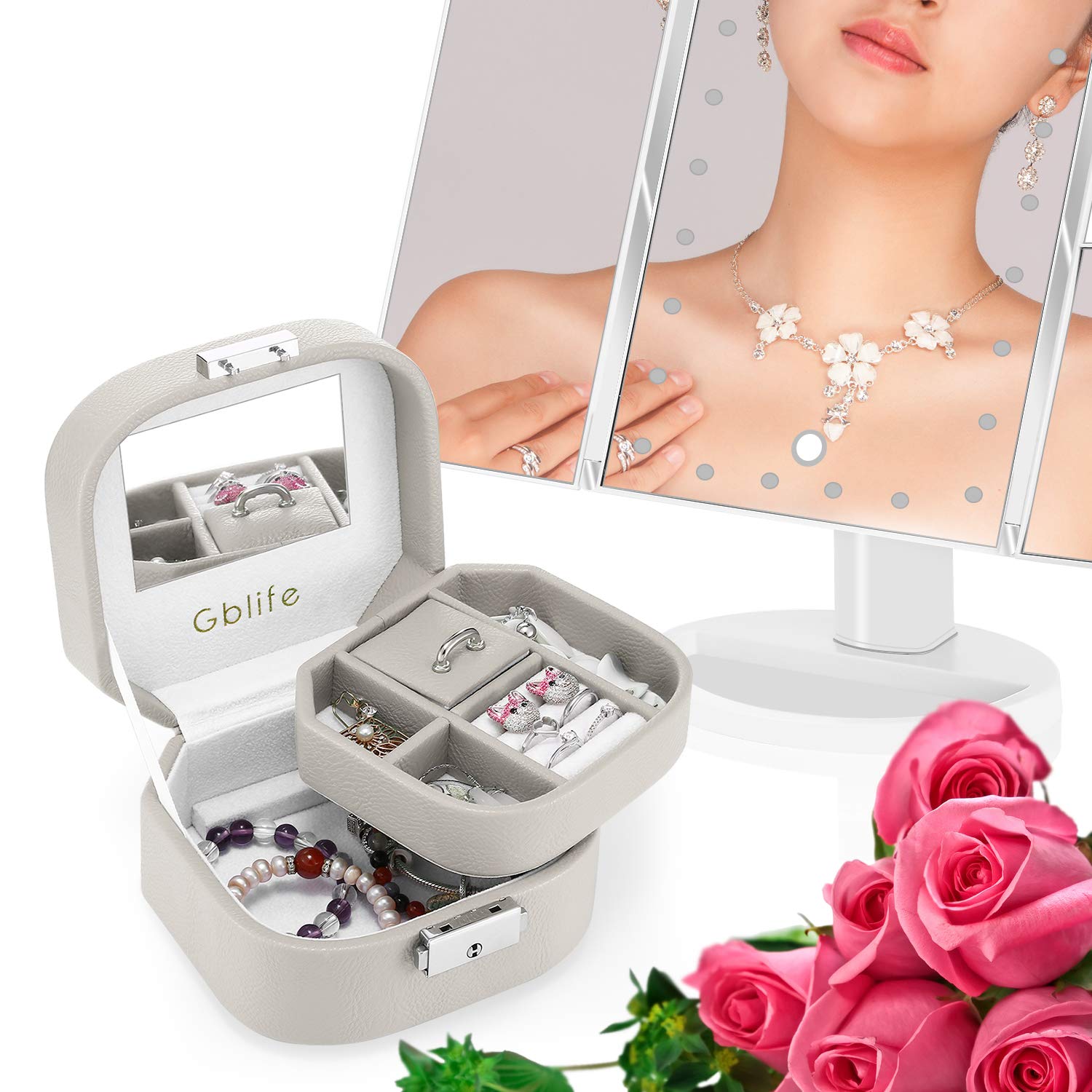 GBlife Jewellery Box, Jewel Box Organiser Display Case PU Leather Woman, Double Layers 5 Compartments, Storage Box Necklaces, Bracelets, Earrings, Hairpins, Cufflinks (Grey)