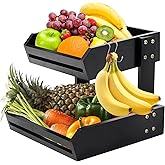 KISENG Bamboo 2 Tier Fruit Basket Stand for Kitchen Counter, Tiered Wooden Large Countertop Vegetable Fruit Holder with Banana Hook, Black