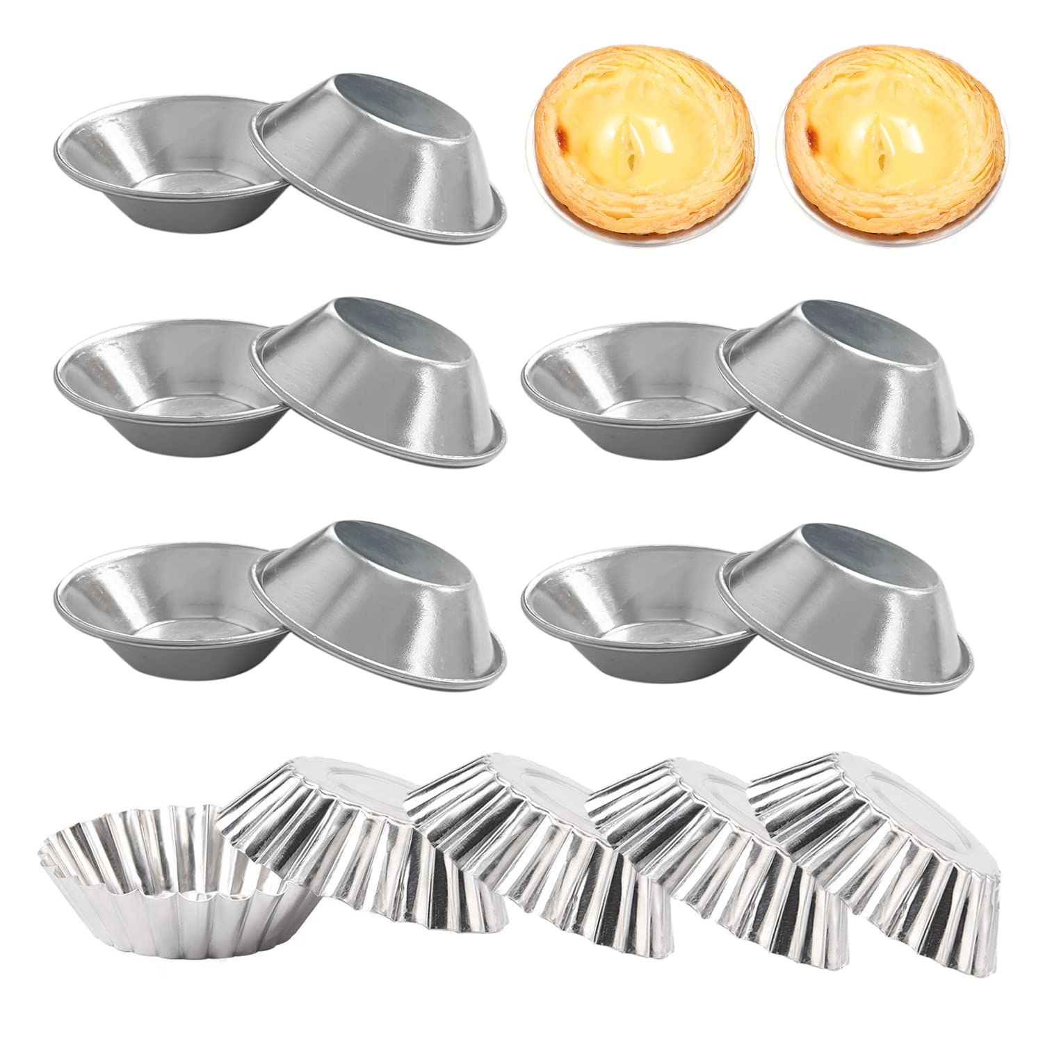 NINVVS 15 Pieces of Aluminum Egg Tart molds, Mini Pie Trays, Reusable Egg Tart molds, Non-Stick Baking molds, Aluminum Alloy Baking Trays Cups, for Making Muffins and Cupcakes (Silver) (LZDT1)