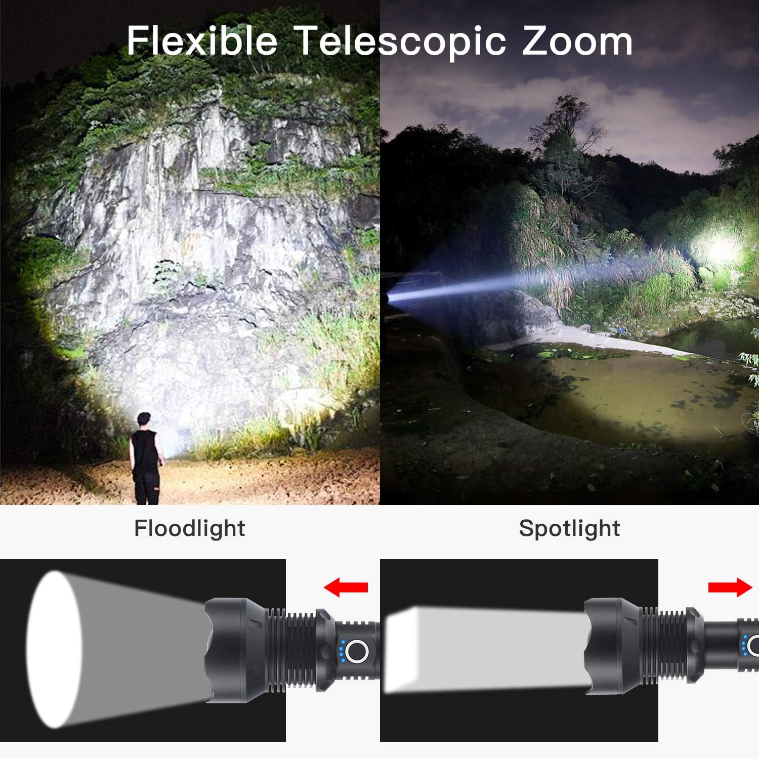 Rechargeable Led Flashlight High Lumens, 90000 High Lumens Tactical Flashlights, P70.2 LED Super Bright Flashlight with 26650 Batteries& USB, Zoomable, 3 Modes, Waterproof Flashlight for Emergencies - - 