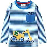 Toddler Boys Excavator Shirt Kids Long Sleeve Top Cute Tee Embroidery Rainbow Aniaml Bulldozer Cotton 2T-7T