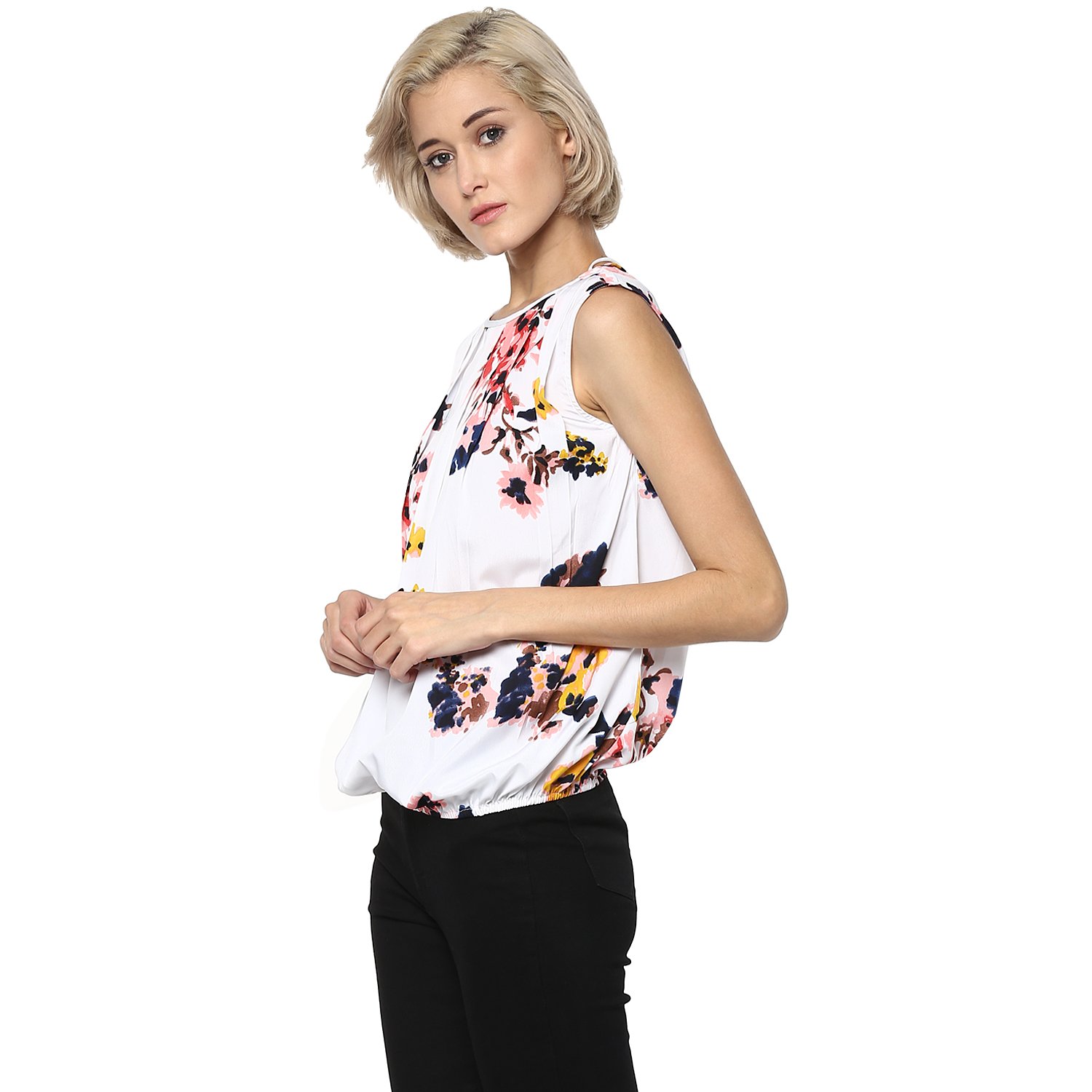 rare women off-white & peach-coloured printed blouson top (ep1310b)