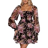 WISFRUIT Womens Boho Square Neck Dress Long Puff Sleeve Backless Smocked High Waist A Line Casual Short Mini Dresses Flower-Black X-Small