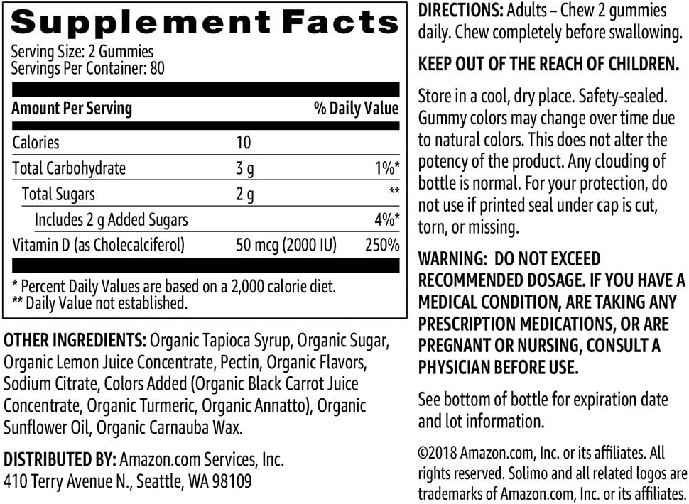  Brand - Solimo Vitamin D3 2000 IU, 160 Gummies (2 Gummies per Serving): Health & Personal Care