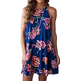 MITILLY Women's Halter Neck Boho Floral Print Loose Casual Sleeveless Short Dress