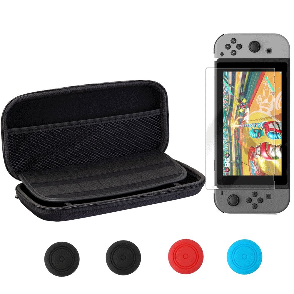 Vorida Case Compatible for Nintendo Switch, Carrying Travel Case Protective 14 Game Storage Slots & 9H Tempered Glass Screen Protector & Joy Con Grips Caps with Carrying Strap, Black