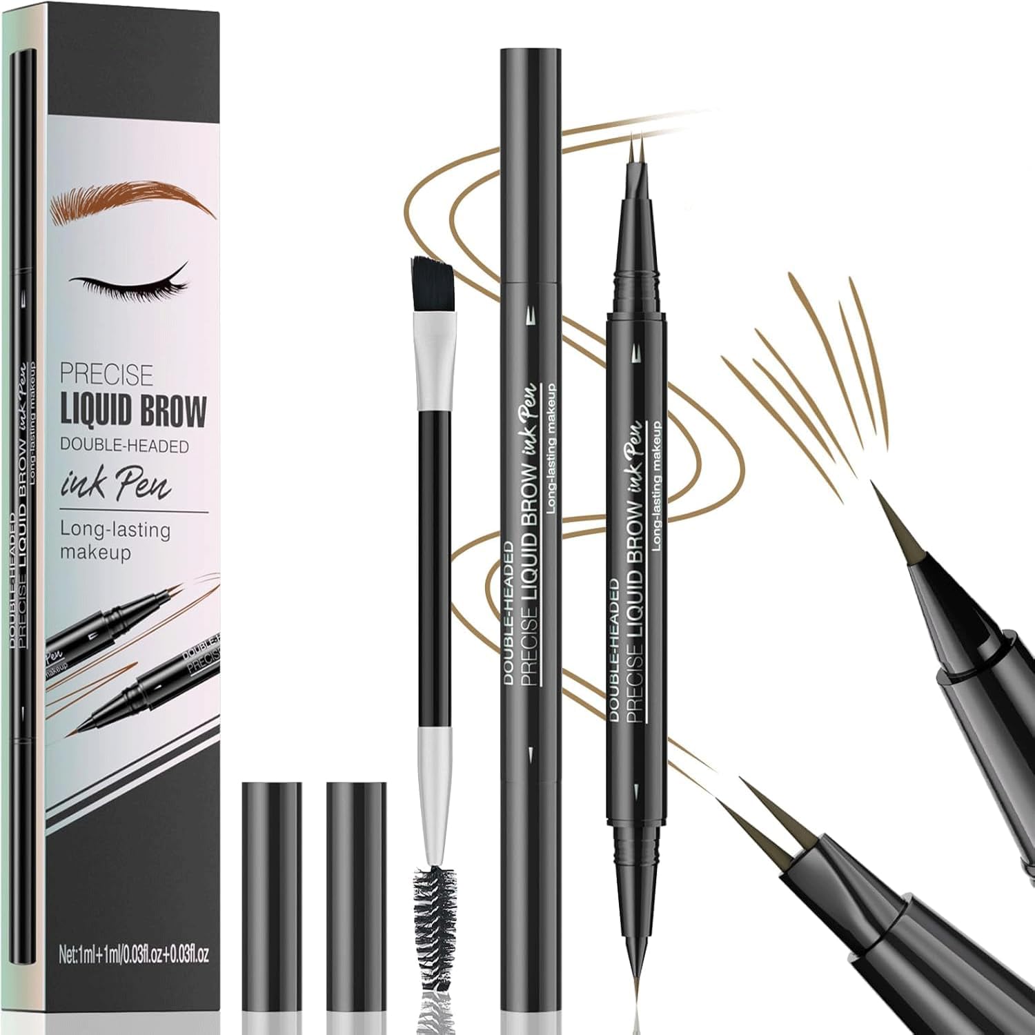 Microblading Eyebrow Pen, Dual-Ended Eyebrow Pencil with 2 Micro-Fork-Tip & Spoolie Brush, 3D Waterproof Eye Brow Pencils, Long-lasting Brow Pen for Natural Looking Brows Makeup (Light Brown)