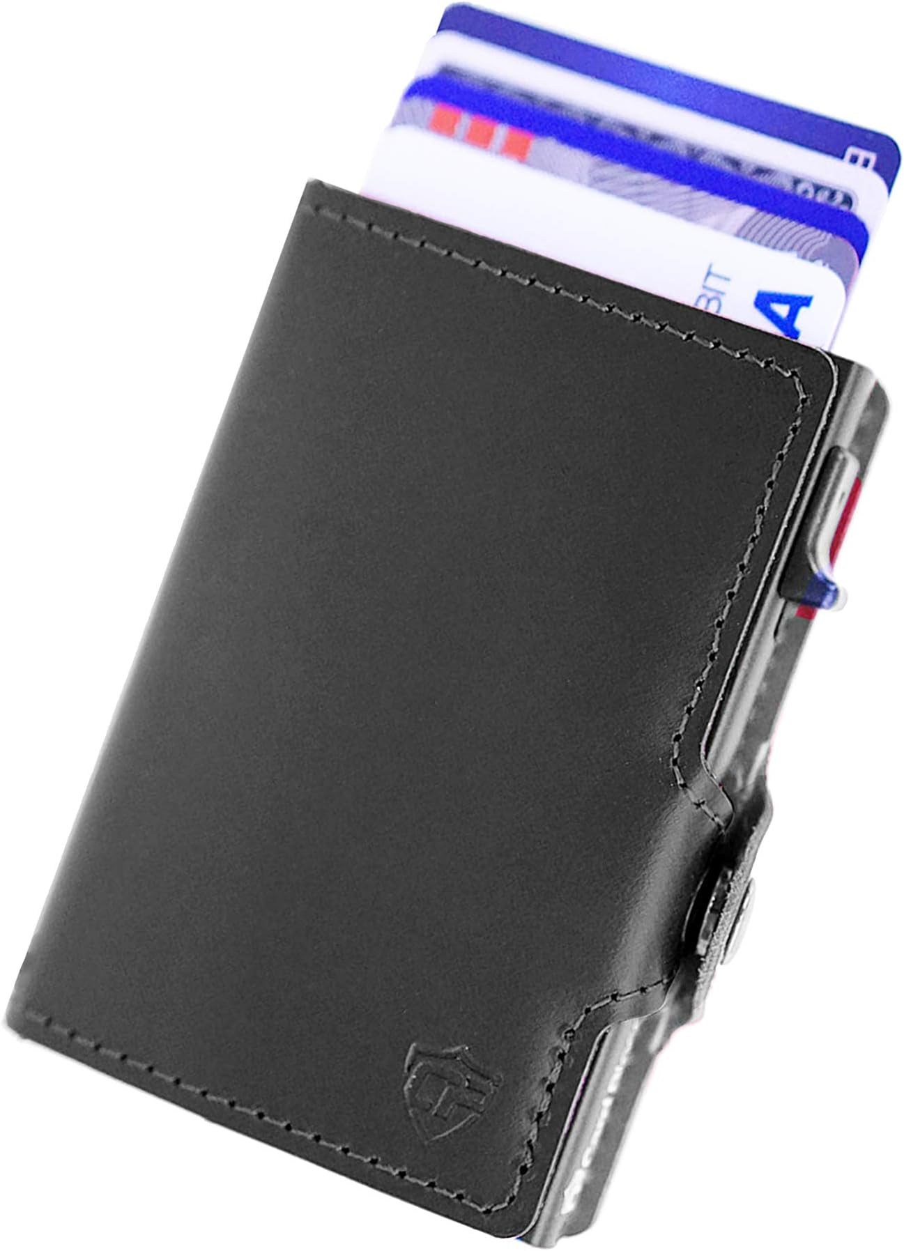 Card Blocr Credit Card Wallet RFID Blocking Slim Minimalist Card Holder Leather Carbon Fiber or Saffiano Covers for Men or Women (Black Leather)